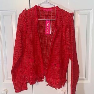 NWT Lilly Pulitzer Size L Simora Fringe Cardigan - Spicy Coral Exotic Tweed